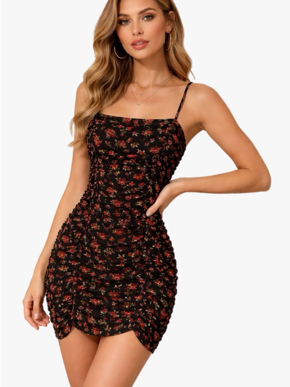Mable Y2K Soft Grunge Black Floral Ruched Mini Dress Spaghetti Strap Size M